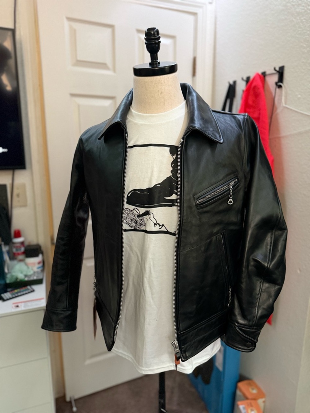 Men's Black Leather Bomber Jacket with Zip Chest Pocket